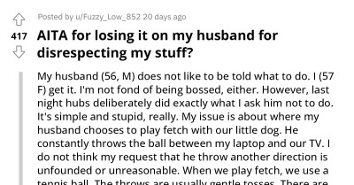 Wife Snaps At Husband Who Won't Stop Playing Fetch With Their Dog Near Her Laptop And The TV