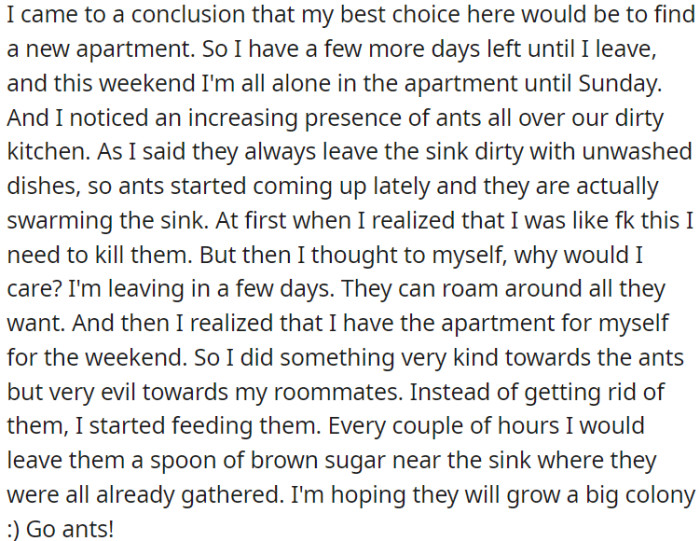 OP is leaving her current apartment because of the noisy and messy roommates. This weekend, OP noticed ants in the dirty kitchen, so she decided to feed them as a small act of revenge.