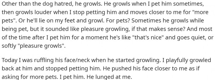 The dog also growled a lot. Since it occurred on different occasions and stopped randomly, OP wasn't sure what to make of it. And one day: