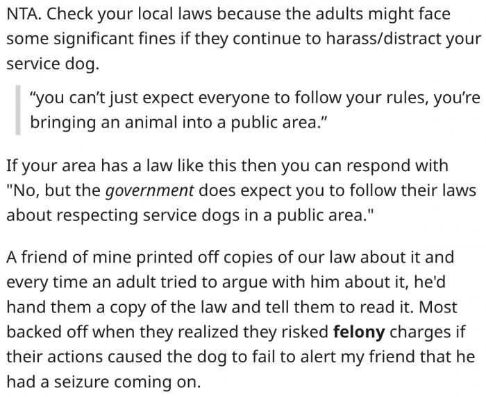17. She should check what local laws say concerning distracting service dogs.