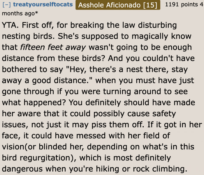 He needed to specify that people should stay more than 15 feet away from the fulmars so that she would be more observant of her surroundings.