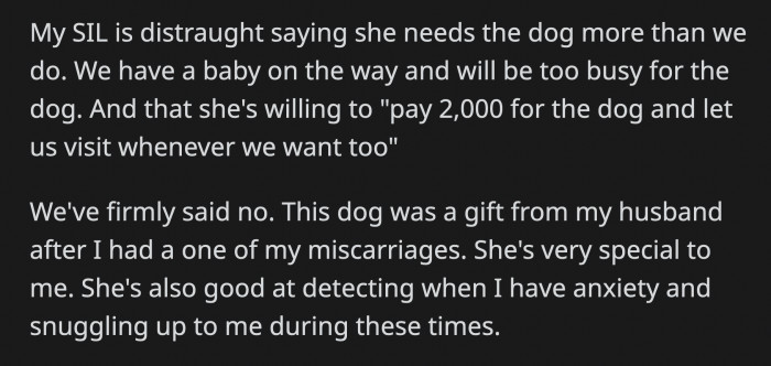 OP's SIL reasoned that she needed the dog more than they did and since they have a baby on the way, they will be too busy to take care of the dog.