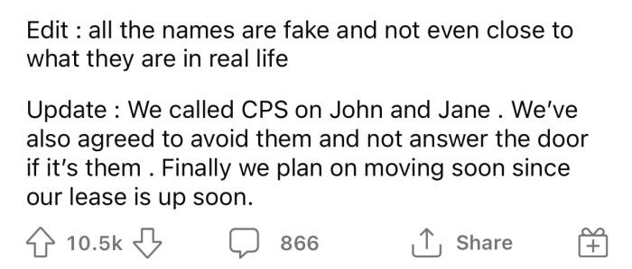 In an update, the OP said they did call CPS on the neighbors and have been avoiding them ever since.