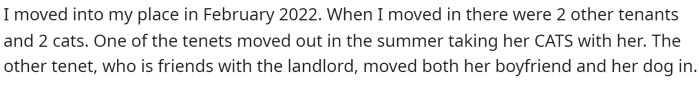 OP starts off by explaining when they moved into the house and noting that the tenant before them had cats.
