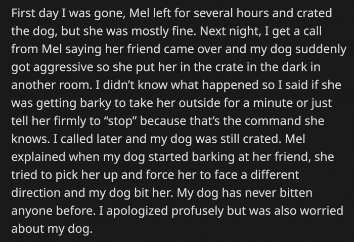 OP gave Mel some tips on how to handle her dog better if she continued barking.