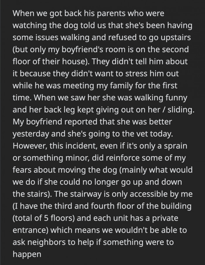 But one of her hind legs slips or gives out when she tries to go upstairs, which will be difficult to manage given that OP's condo is accessible only through two flights of stairs