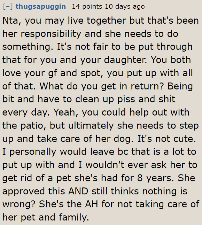 It's unfair how the girlfriend allows her dog to treat the OP and his daughter harshly.