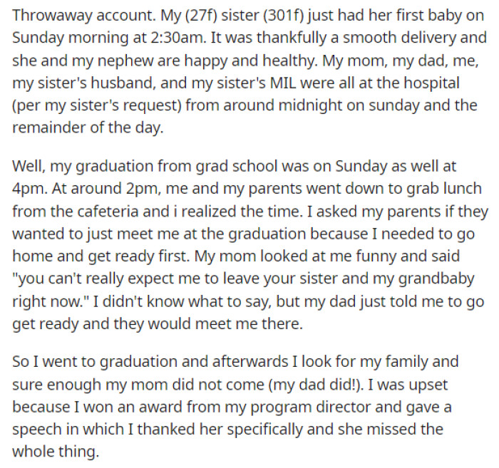 This is when OP starts off her post and explains the situation with her sister going into labor and then her mom missing her graduation because of this.