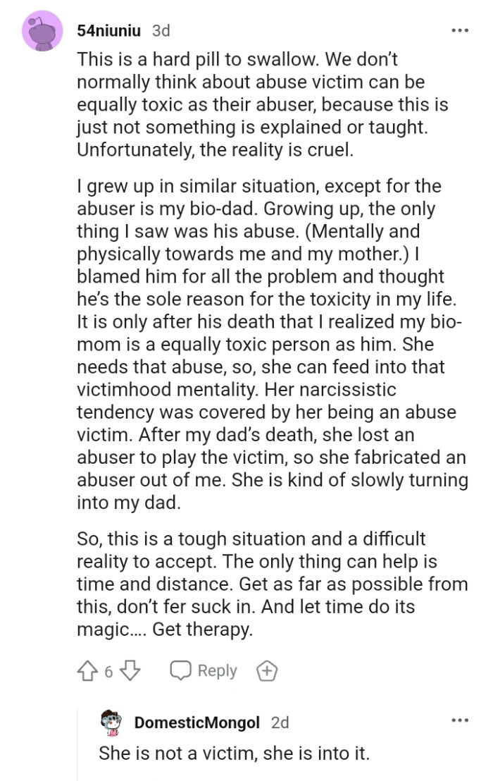 Her narcissistic tendency was covered by her being an abuse victim