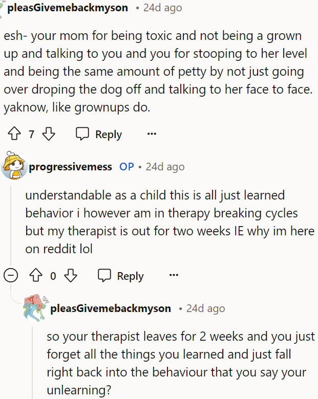 Looks like the OP is back to square one with therapy. Yikes!