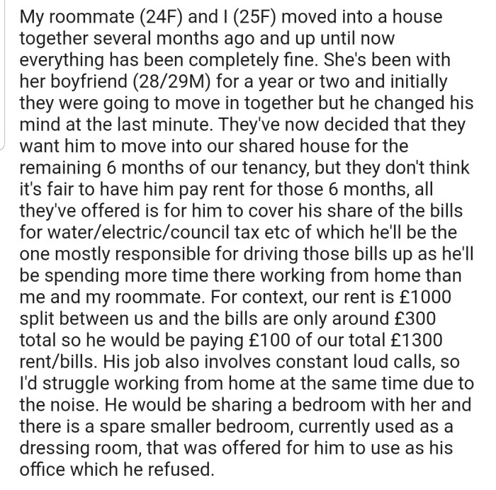 Young Woman Considers Leaving When Roommate's Boyfriend Moves In