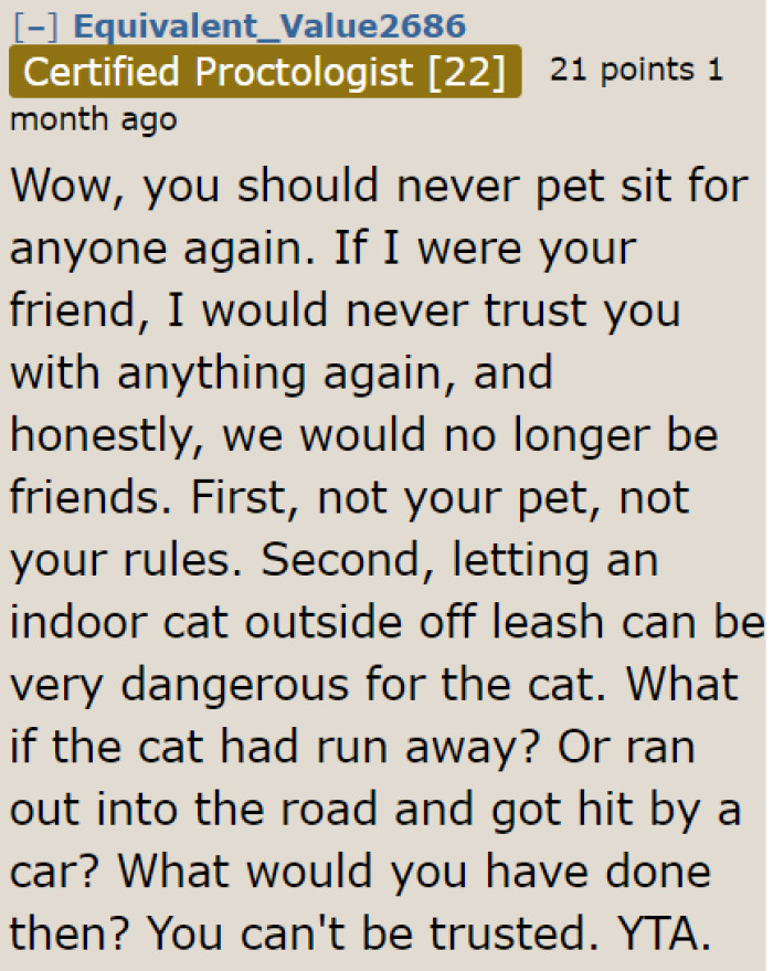 Redditors agree that she shouldn't pet sit anymore. She's an irresponsible pet sitter who can't follow simple and clear instructions.