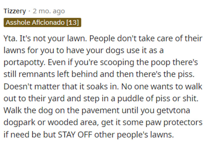 It's not their lawn, so their dog shouldn't really be on it, but we know they have to go somewhere.