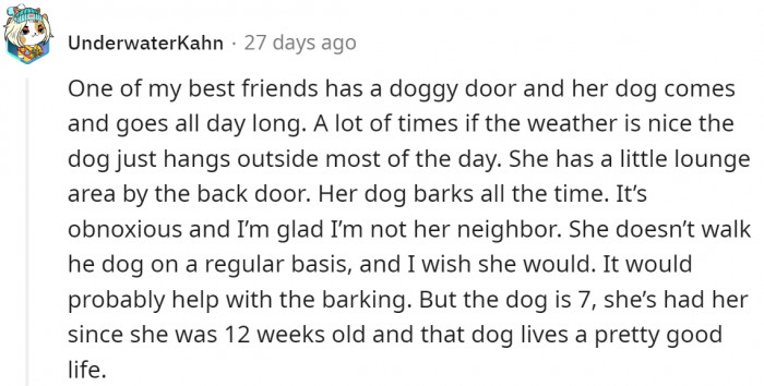 Maybe walking the dog could reduce its constant barking because it can be irritating, but it doesn't necessarily mean neglect.