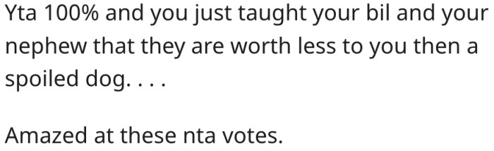 14. She showed her brother-in-law and nephew that the dog is more precious to her.