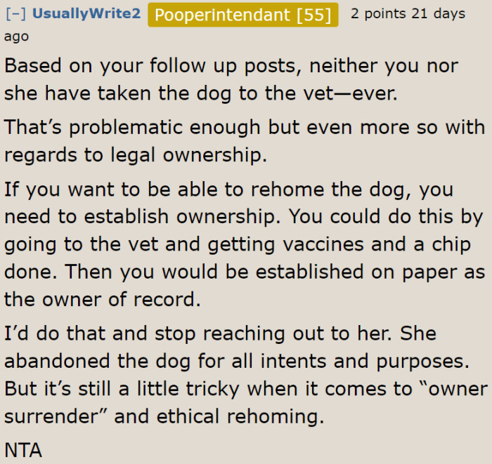 A Redditor suggests taking an active approach and taking the dog to the vet to secure ownership.