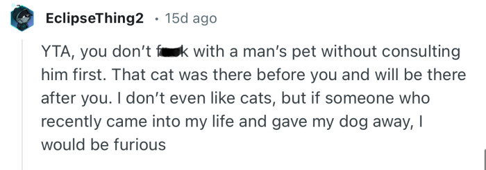 “I don’t even like cats, but if someone who recently came into my life and gave my dog away, I would be furious.”
