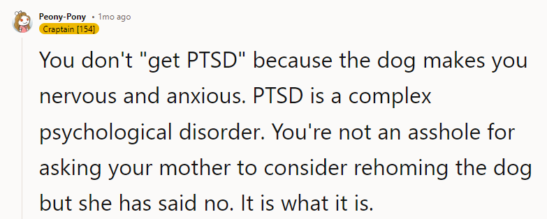You're not an asshole for asking your mother to consider rehoming the dog but she has said no.