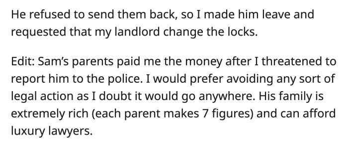 Sam's parents came to his rescue after OP threatened to report him to the police. They paid her the full amount that Sam stole.