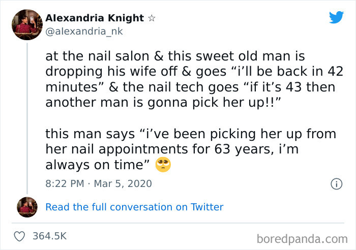 40. No one else is going to pick his wife up; he is always on time