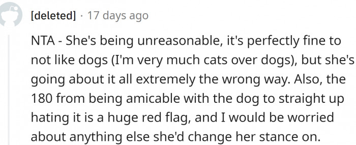 It's perfectly fine to not like dogs, but she's going about it all extremely the wrong way.