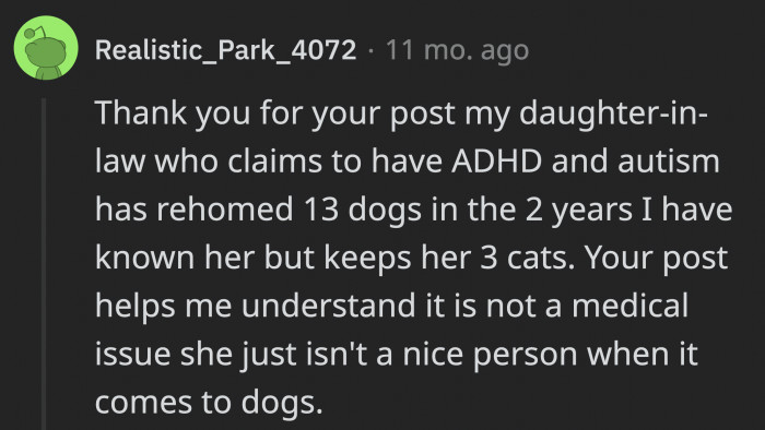 Someone shared a story about their DIL and her rehoming a lot of pets, the post and comments shed light that it's not because of a medical situation