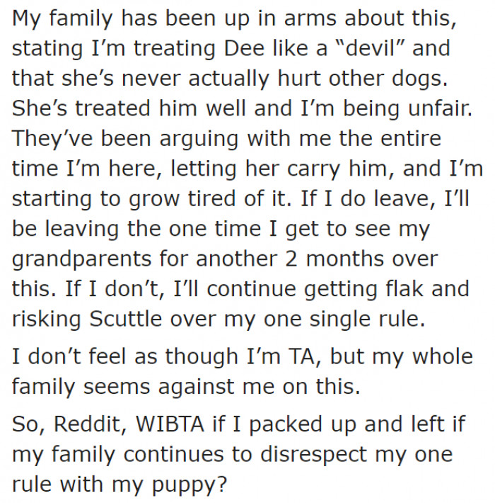 The original poster (OP) won't let her sister carry the dog.