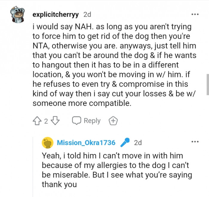 The OP told the boyfriend that she can't move in with him.