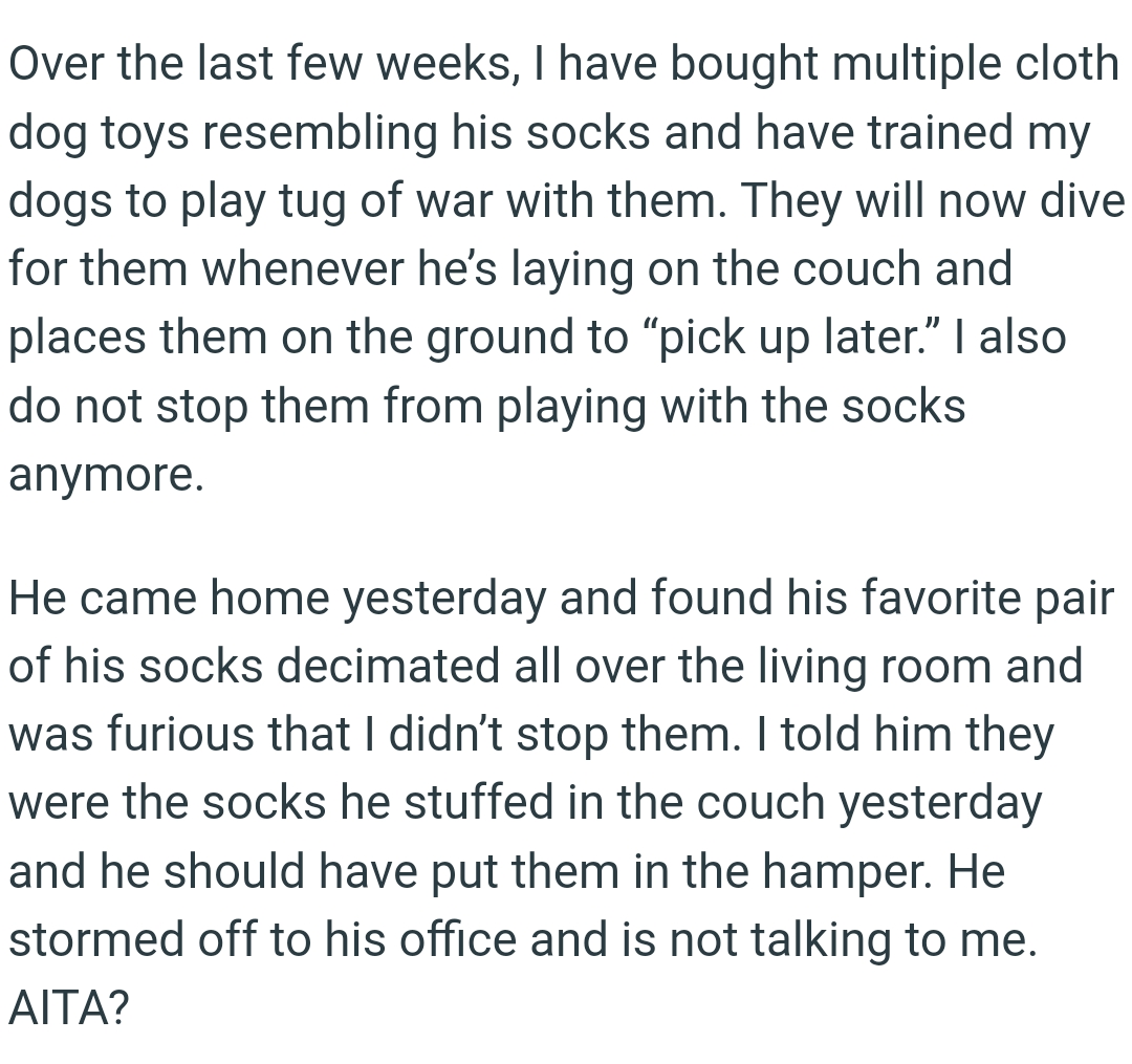 OP's BF came home yesterday and found his favorite pair of his socks decimated all over the living room