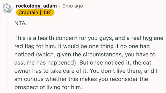 “This is a health concern for you guys, and a real hygiene red flag for him.”