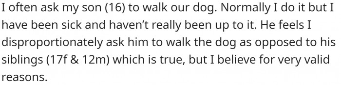OP often asks. Her 16-year-old son mostly walks the dog, and OP believes that they have valid reasons