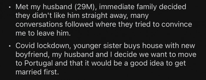 OP's family never approved of her husband.
