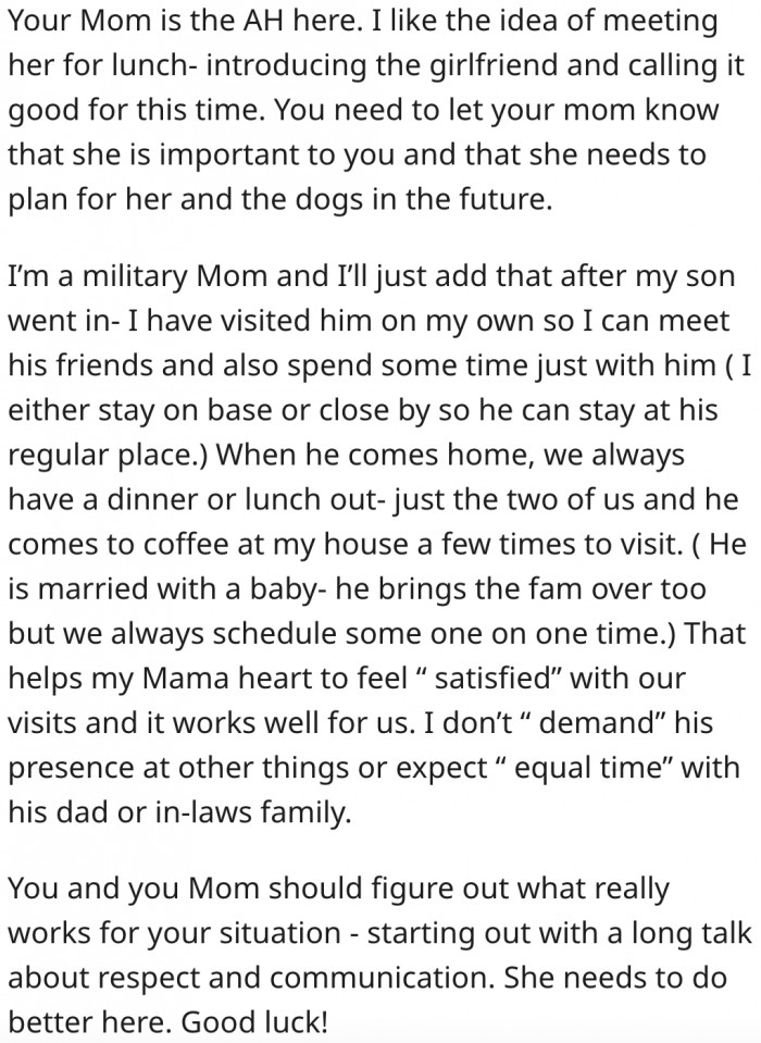 13. He and his mother need to work out a solution that works for them.