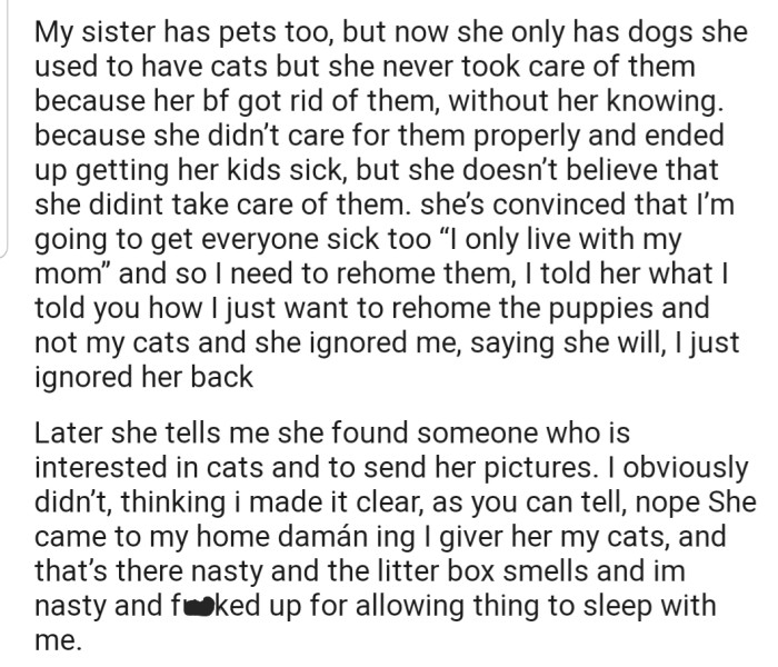 Despite OP making it clear that they want to rehome only the dogs, their sister is insisting that they rehome the cats as well. Her reason is that the cats would get everyone who stays in her house sick