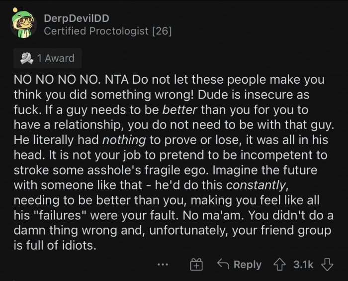 The boyfriend had nothing to prove, yet he still decided to act childishly.