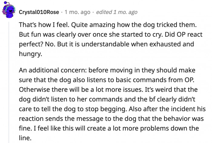 In any other situation, a dog tricking its owners to steal their food is amusing. Given that OP was starving and overwhelmed, funny was the last thing to describe the situation.