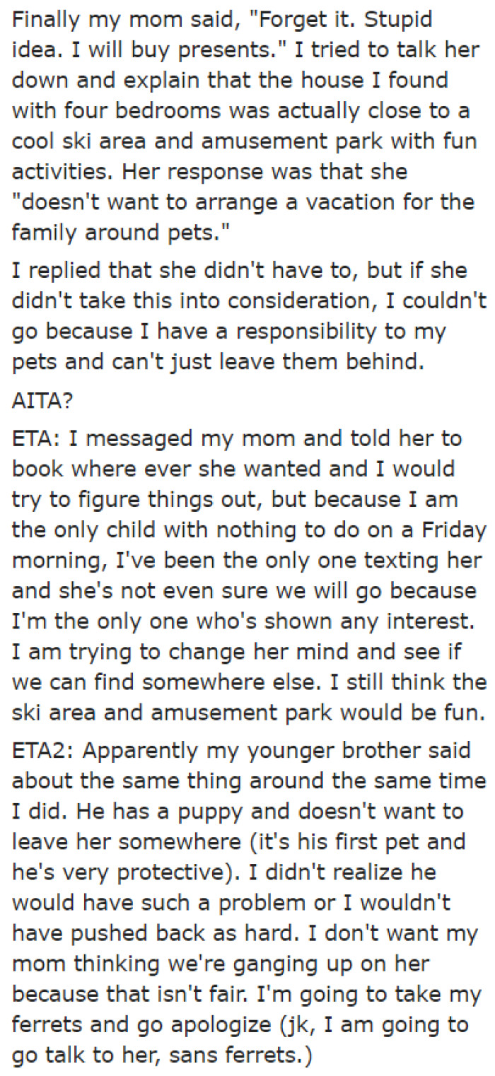 Ultimately, the OP's mom decided to cancel the whole thing.