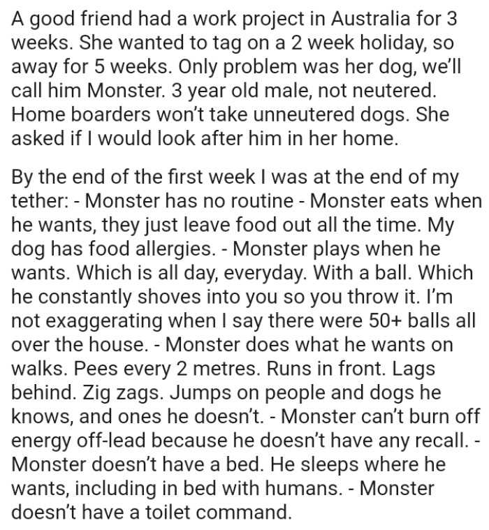 The dog has no routine, eats when he wants, and they just leave food out all the time; plus, OP's dog has food allergies.