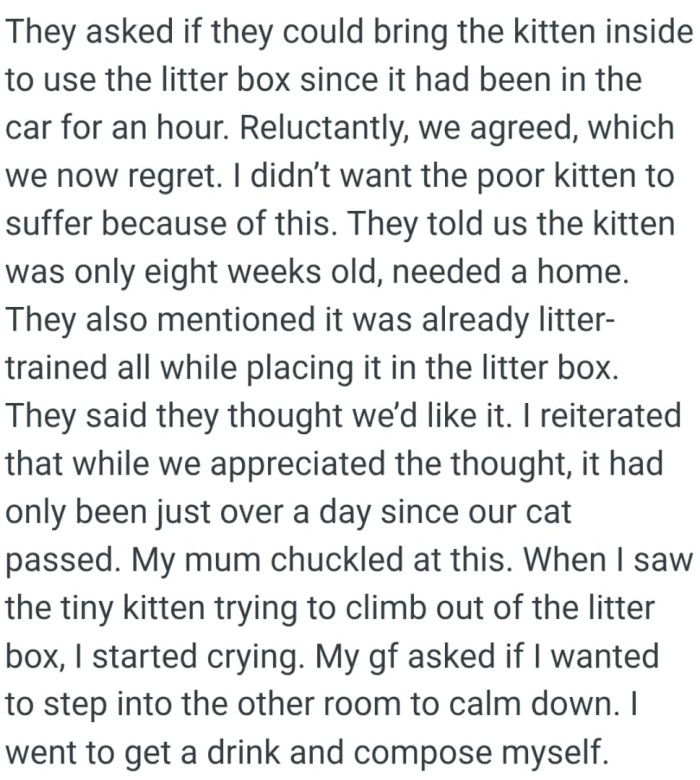 While they appreciated the thought, it had only been just over a day since their cat passed