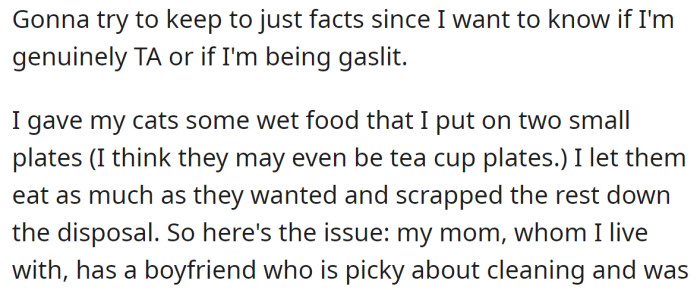 The OP gave food to their cats using their small tea plates: