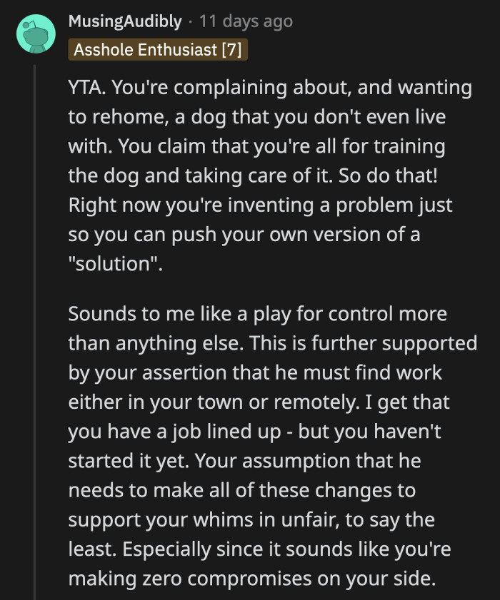 The most voted comment sided with OP's boyfriend. They said OP should look into her controlling tendencies instead of worrying about a dog she doesn't even live with yet.