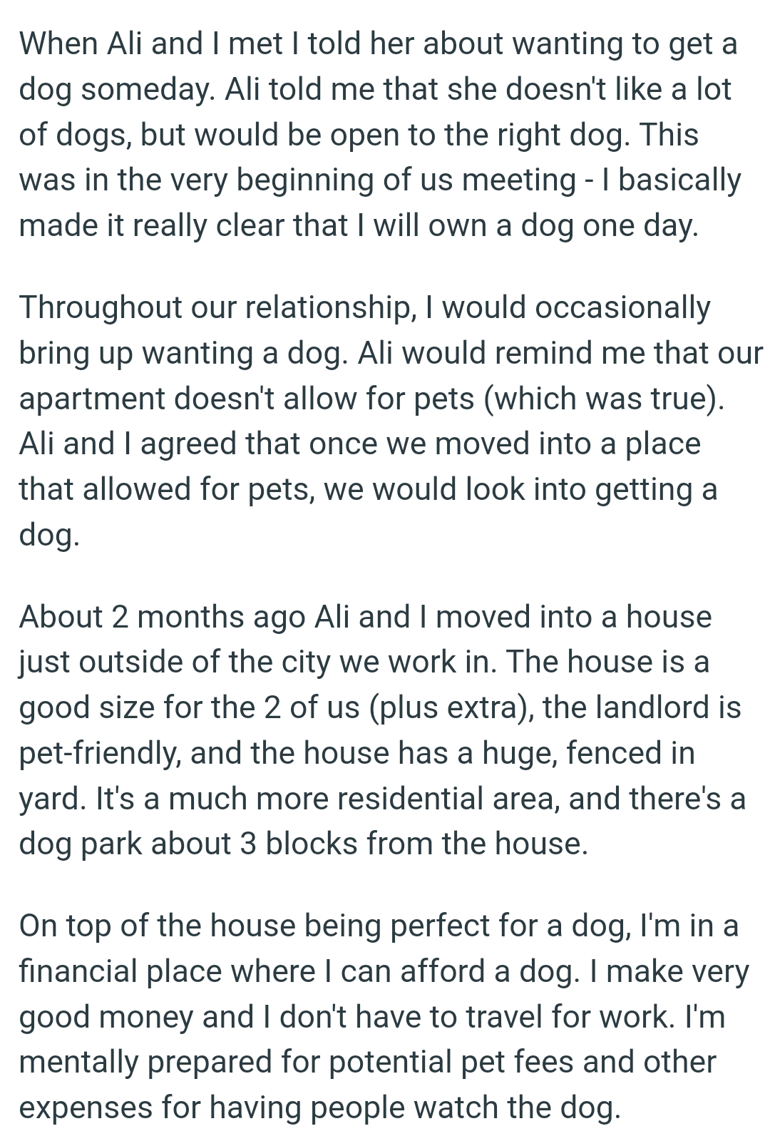 Throughout their relationship, OP would occasionally bring up wanting a dog