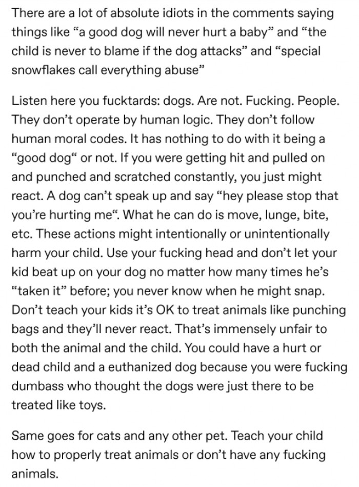 Dogs simply do not have the same cognitive ability as humans to process emotions and complex thoughts, and will mostly just try to defend themselves one way or another.