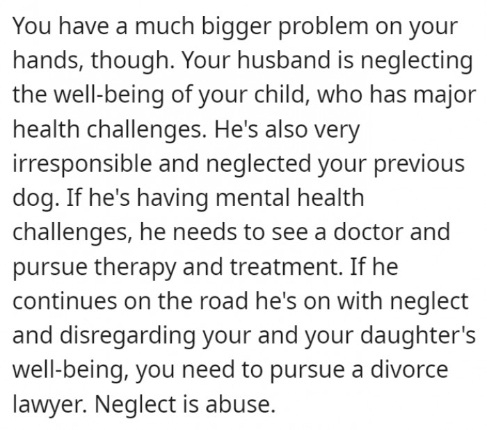 The husband also doesn't seem to care much about their child's health issues