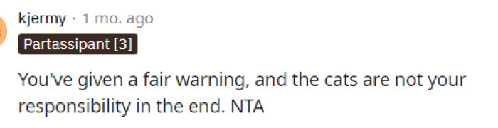 Those are not her cats, and her roommate should be lucky that she's helping with the cats at all.