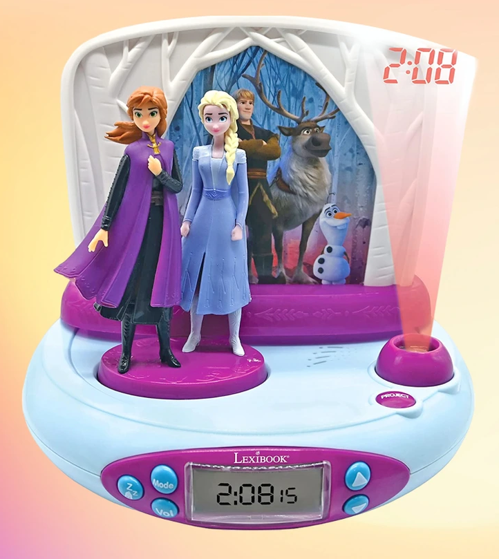 8. With this projector alarm clock inspired by Frozen, oversleeping is nearly impossible. Featuring Anna and Elsa figurines and a scene from the cartoon in the background, it immerses your child in the story. The alarm clock projects the time onto the ceiling and includes sound effects, ensuring a magical start to each day.