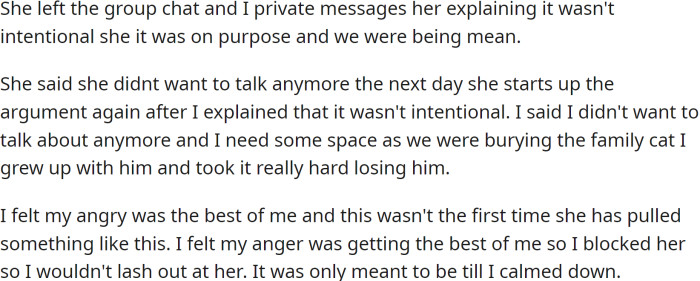 She left the group chat, and OP private messaged her, explaining it wasn't intentional.
