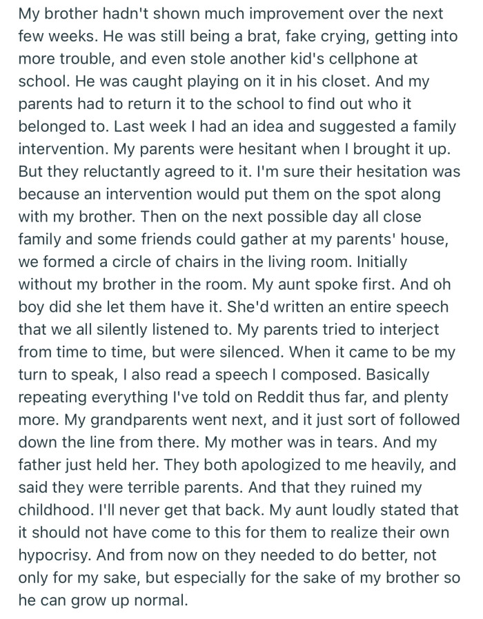 OP suggested a family intervention in order to help their brother do some self reflection. However, this put their parents on the spotlight for not raising their child properly