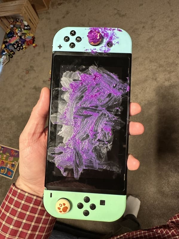 3.  “Three year old + my wife’s Switch + a glue stick”