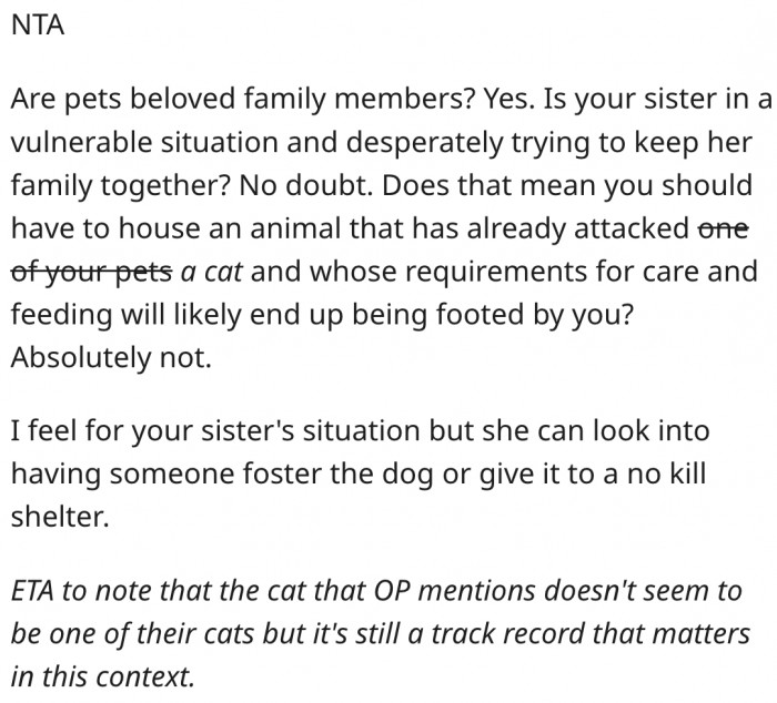 2. Her sister should rehome the dog.